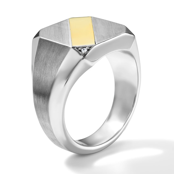Lab-Grown Diamond Accent Diagonal Stripe Signet Ring in Sterling Silver with 14K Gold Plate