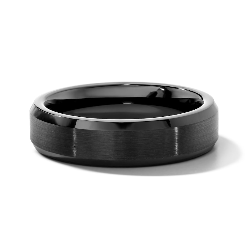 Main Image 1 of 6.0mm Satin Finish Beveled Wedding Band in Tungtsen with Black Ion Plate