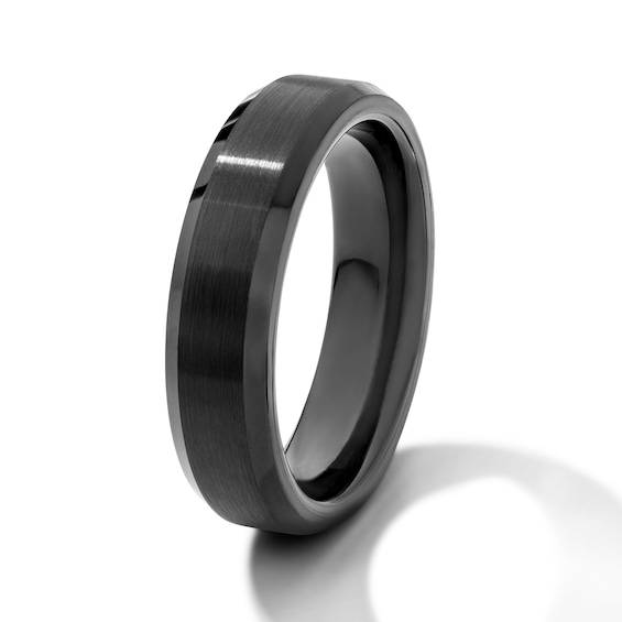 6.0mm Satin Finish Bevelled Wedding Band in Tungtsen with Black Ion Plate