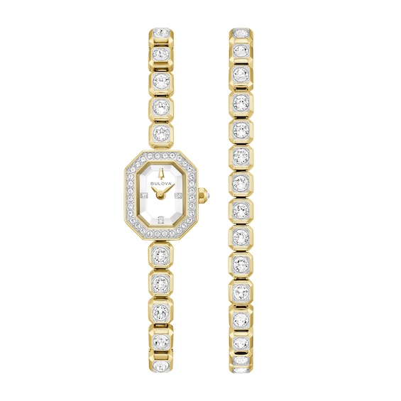 Ladies' Bulova Crystal Quartz Gold-Tone Stainless Steel Watch and Tennis Bracelet Set (Model: 98X145)