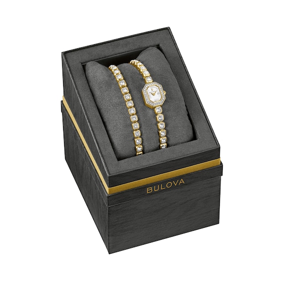 Ladies' Bulova Crystal Quartz Gold-Tone Stainless Steel Watch and Tennis Bracelet Set (Model: 98X145)