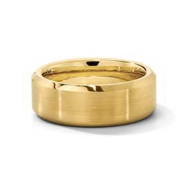8.0mm Satin Finish Bevelled Wedding Band in Tungtsen with Yellow Ion Plate