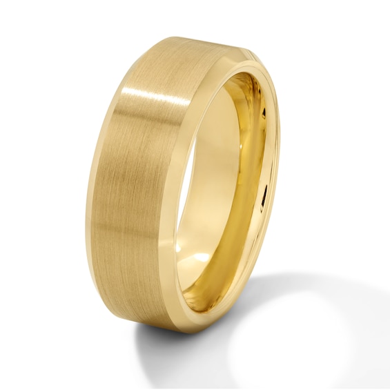 8.0mm Satin Finish Bevelled Wedding Band in Tungtsen with Yellow Ion Plate