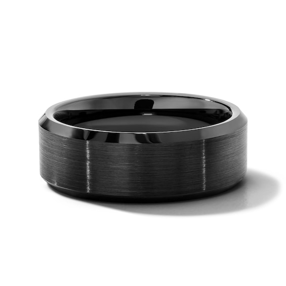 8.0mm Satin Finish Bevelled Wedding Band in Tungtsen with Black Ion Plate