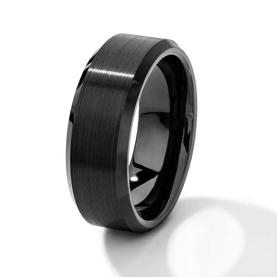 8.0mm Satin Finish Bevelled Wedding Band in Tungtsen with Black Ion Plate