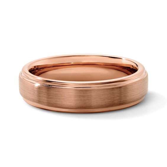 6.0mm Satin Finish Stepped Wedding Band in Tungsten with Rose Ion Plate