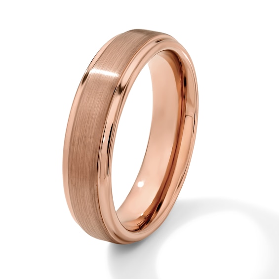 6.0mm Satin Finish Stepped Wedding Band in Tungsten with Rose Ion Plate