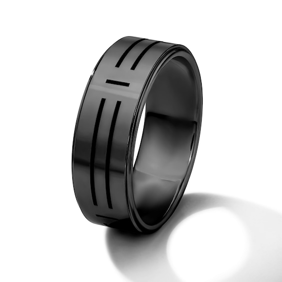 8.0mm Laser Design Wedding Band in Tungsten with Black Ion Plate
