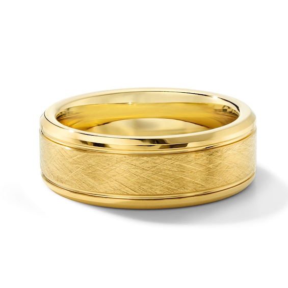 8.0mm Satin Finish Bevelled Wedding Band in Tungsten with Yellow Ion Plate