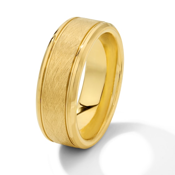 8.0mm Satin Finish Bevelled Wedding Band in Tungsten with Yellow Ion Plate