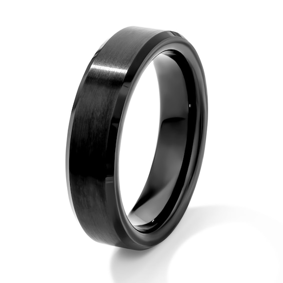 6.0mm Brushed Bevelled Wedding Band in Titanium with Black Ion Plate