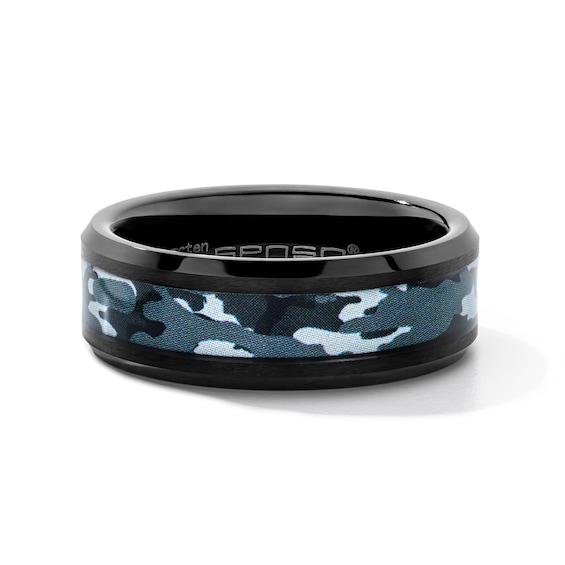 8.0mm Gray Camo Bevelled Wedding Band in Tungsten with Black Ion Plate