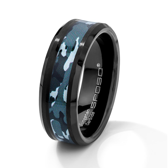 8.0mm Gray Camo Bevelled Wedding Band in Tungsten with Black Ion Plate