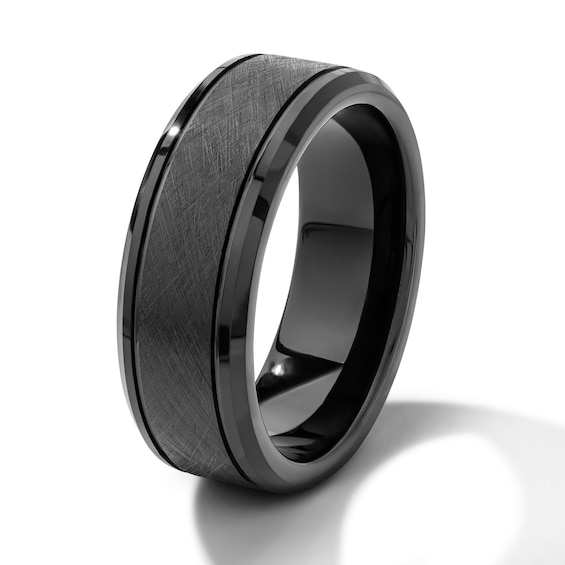 8.0mm Satin Finish Bevelled Wedding Band in Tungsten with Ion Plate