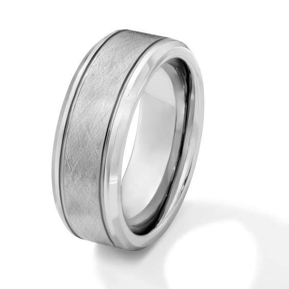 8.0mm Satin Finish Bevelled Wedding Band in Tungsten with White Ion Plate