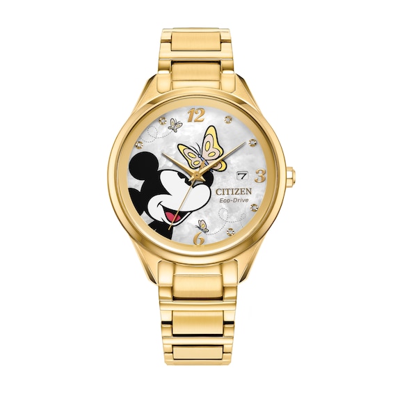Ladies' Disney x Citizen Eco-Drive® Mickey Flutterby Gold-Tone IP Stainless Steel Watch (Model: Fe6192-51D)
