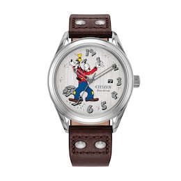 Men's Disney x Citizen Eco-Drive® Fix-It Goofy Stainless Steel Watch with Brown Leather Strap (Model: AW1698-08W)