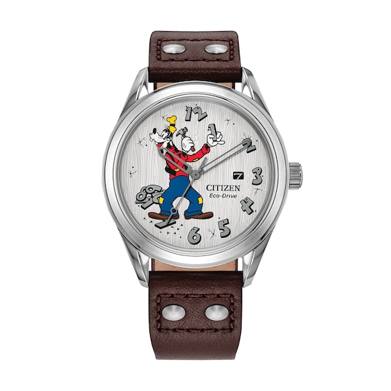 Men's Disney x Citizen Eco-Drive® Fix-It Goofy Stainless Steel Watch with Brown Leather Strap (Model: Aw1698-08W)