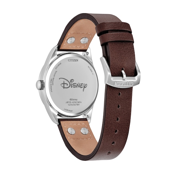 Men's Disney x Citizen Eco-Drive® Fix-It Goofy Stainless Steel Watch with Brown Leather Strap (Model: Aw1698-08W)