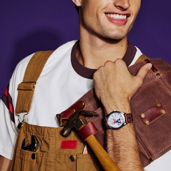 Men's Disney x Citizen Eco-Drive® Fix-It Goofy Stainless Steel Watch with Brown Leather Strap (Model: Aw1698-08W)