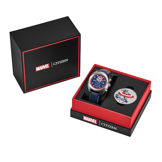 Men's Marvel x Citizen Eco-Drive® Captain America 85th Anniversary Chronograph Watch Box Set (Model: Ca7046-46W)