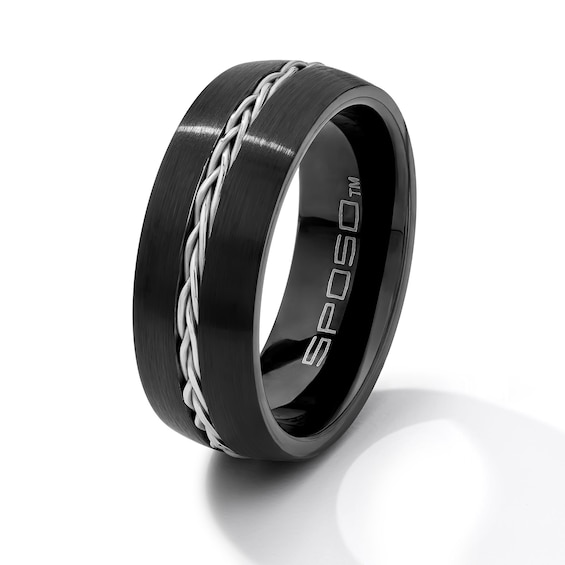 8.0mm Braid Center Wedding Band in Tungsten with Black Ion Plate and Stainless Steel