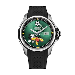 Men's Disney x Citizen Eco-Drive® Mickey Mouse Goalie Stainless Steel Watch with Black Silicone Strap (Model: AW1656-08W)