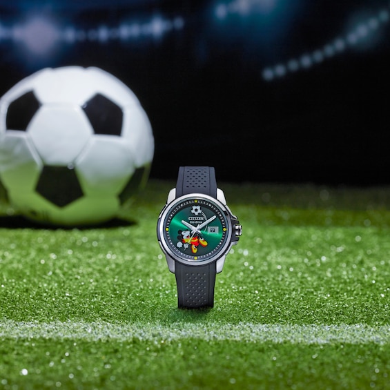 Men's Disney x Citizen Eco-Drive® Mickey Mouse Goalie Stainless Steel Watch with Black Silicone Strap (Model: Aw1656-08W)