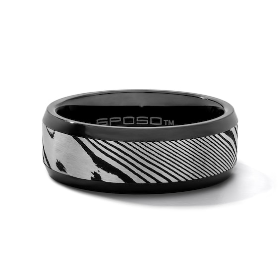 8.0mm Patterned Wedding Band in Tungsten with Black Ion Plate and Stainless Steel - Size 10