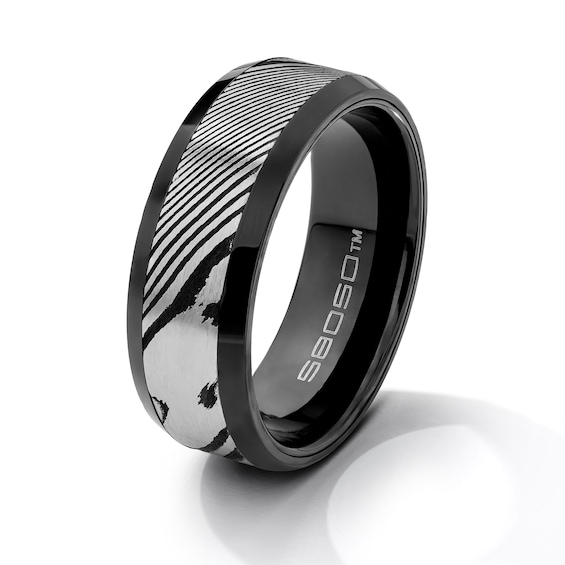 8.0mm Patterned Wedding Band in Tungsten with Black Ion Plate and Stainless Steel - Size 10