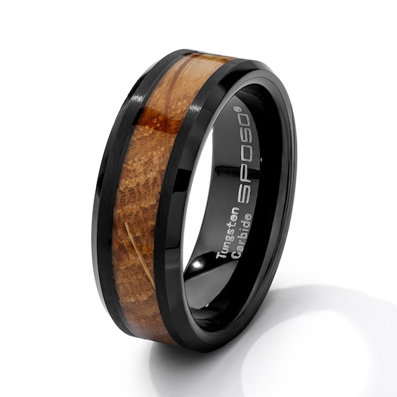 8.0mm Wood Stripe Wedding Band in Tungsten with Black Ion Plate