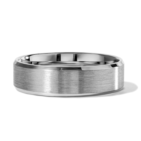 6.0mm Engravable Brushed Beveled-Edge Wedding Band in 10K White Gold