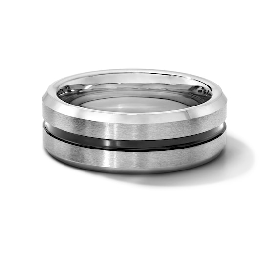 8.0mm Stripe Bevelled Wedding Band in Tungsten with Ion Plate