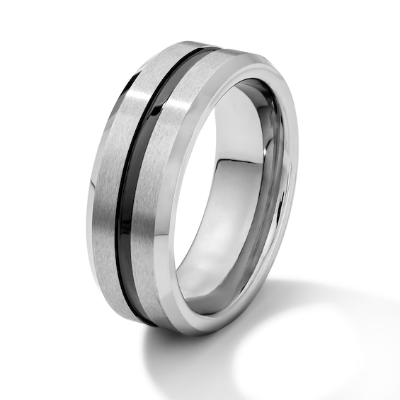 8.0mm Stripe Bevelled Wedding Band in Tungsten with Ion Plate
