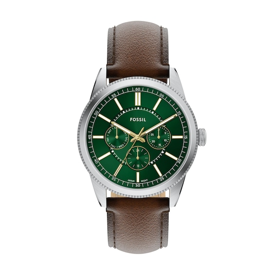 Men's Fossil Pearson Multifunction Stainless Steel Watch with Green Dial and Brown Leather Strap (Model: Fs6137)