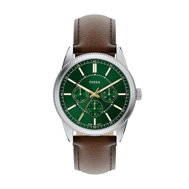 Main Image 1 of Men's Fossil Pearson Multifunction Stainless Steel Watch with Green Dial and Brown Leather Strap (Model: FS6137)