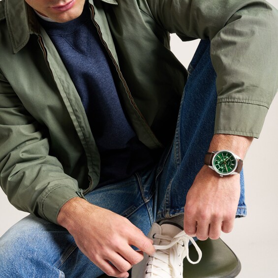 Men's Fossil Pearson Multifunction Stainless Steel Watch with Green Dial and Brown Leather Strap (Model: Fs6137)