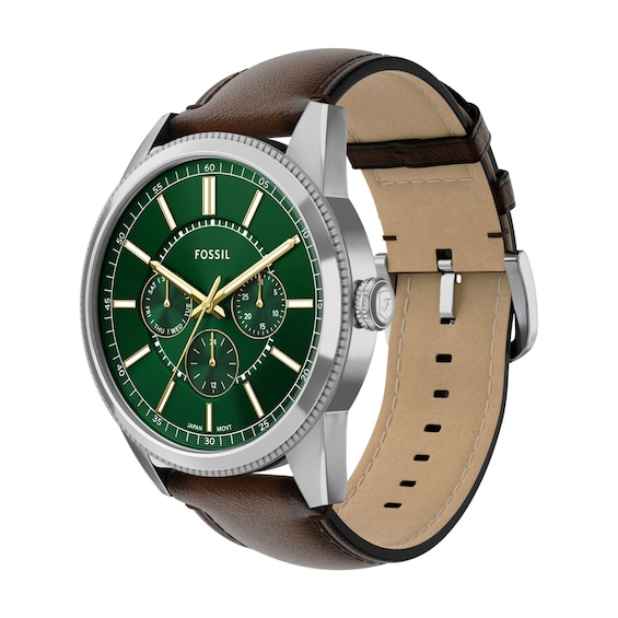 Men's Fossil Pearson Multifunction Stainless Steel Watch with Green Dial and Brown Leather Strap (Model: Fs6137)