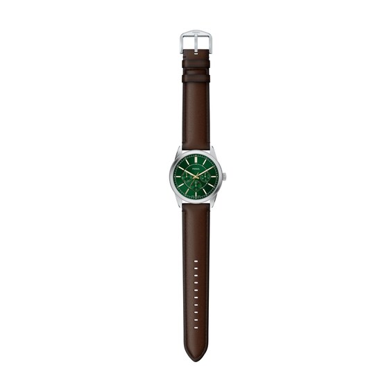 Men's Fossil Pearson Multifunction Stainless Steel Watch with Green Dial and Brown Leather Strap (Model: Fs6137)