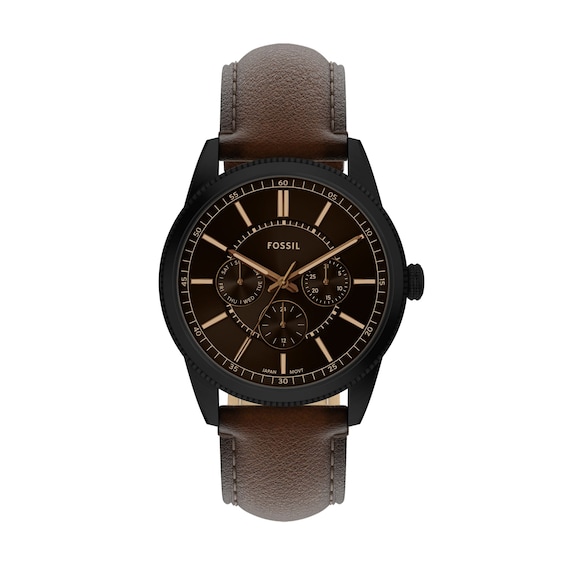 Men's Fossil Pearson Multifunction Black IP Stainless Steel Watch with Black Dial and Brown Leather Strap (Model: Fs6138)