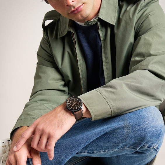 Men's Fossil Pearson Multifunction Black IP Stainless Steel Watch with Black Dial and Brown Leather Strap (Model: Fs6138)