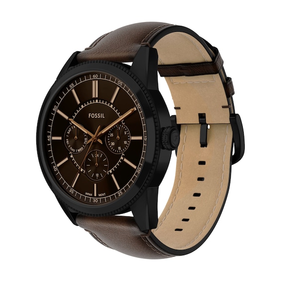 Men's Fossil Pearson Multifunction Black IP Stainless Steel Watch with Black Dial and Brown Leather Strap (Model: Fs6138)