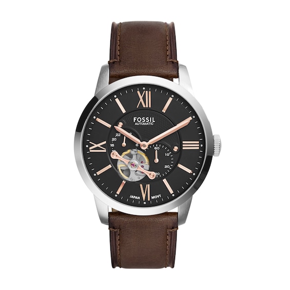 Men's Fossil Townsman Stainless Steel Automatic Watch with Black Dial and Brown Leather Strap (Model: Me3061)