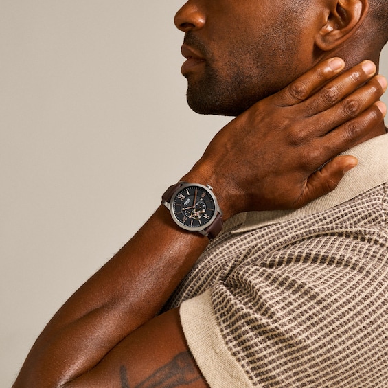Men's Fossil Townsman Stainless Steel Automatic Watch with Black Dial and Brown Leather Strap (Model: Me3061)