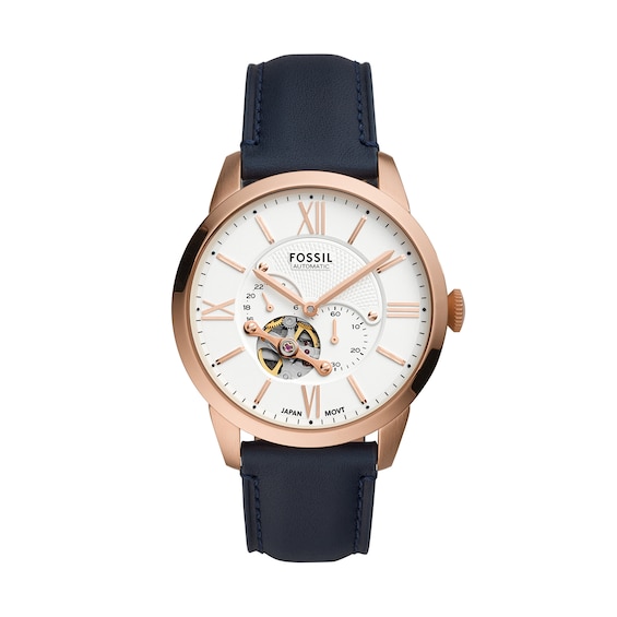 Men's Fossil Townsman Rose-Tone IP Stainless Steel Automatic Watch with White Dial and Navy Leather Strap (Model: Me3171)