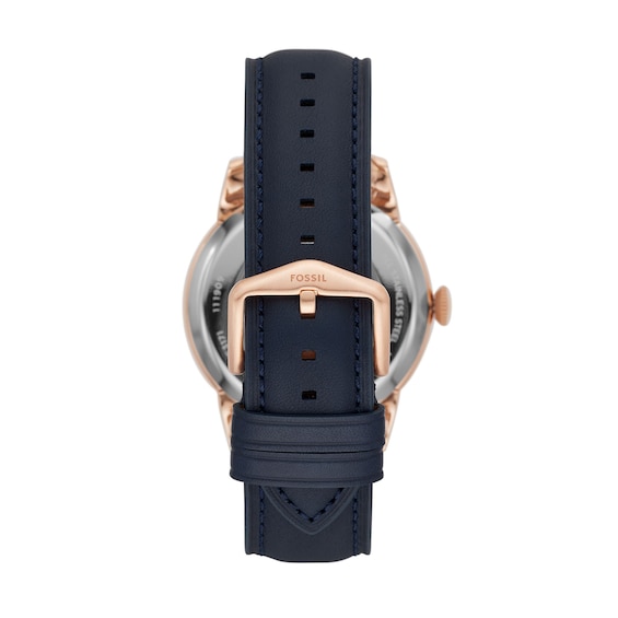 Men's Fossil Townsman Rose-Tone IP Stainless Steel Automatic Watch with White Dial and Navy Leather Strap (Model: Me3171)