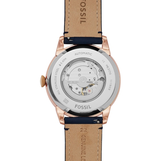 Men's Fossil Townsman Rose-Tone IP Stainless Steel Automatic Watch with White Dial and Navy Leather Strap (Model: Me3171)