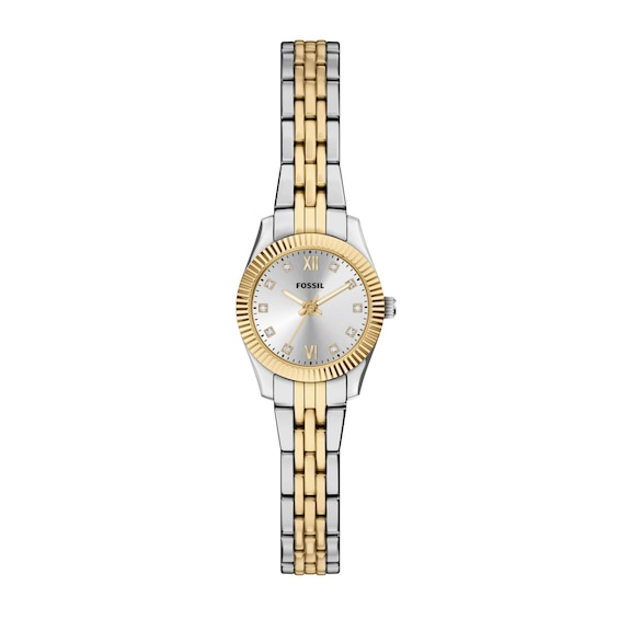 Ladies' Fossil Scarlette Mini Two-Tone IP Stainless Steel Watch with Silver-Tone Dial and Crystals (Model: Es5473)