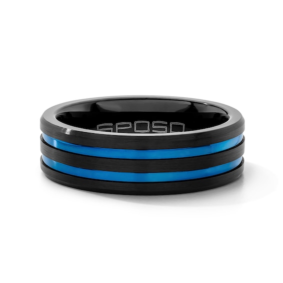 8.0mm Double Stripe Wedding Band in Tungsten with Black and Blue Ion Plate