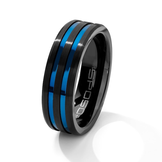 8.0mm Double Stripe Wedding Band in Tungsten with Black and Blue Ion Plate